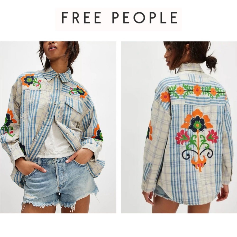 Free People Embroidered Sashiko Shirt